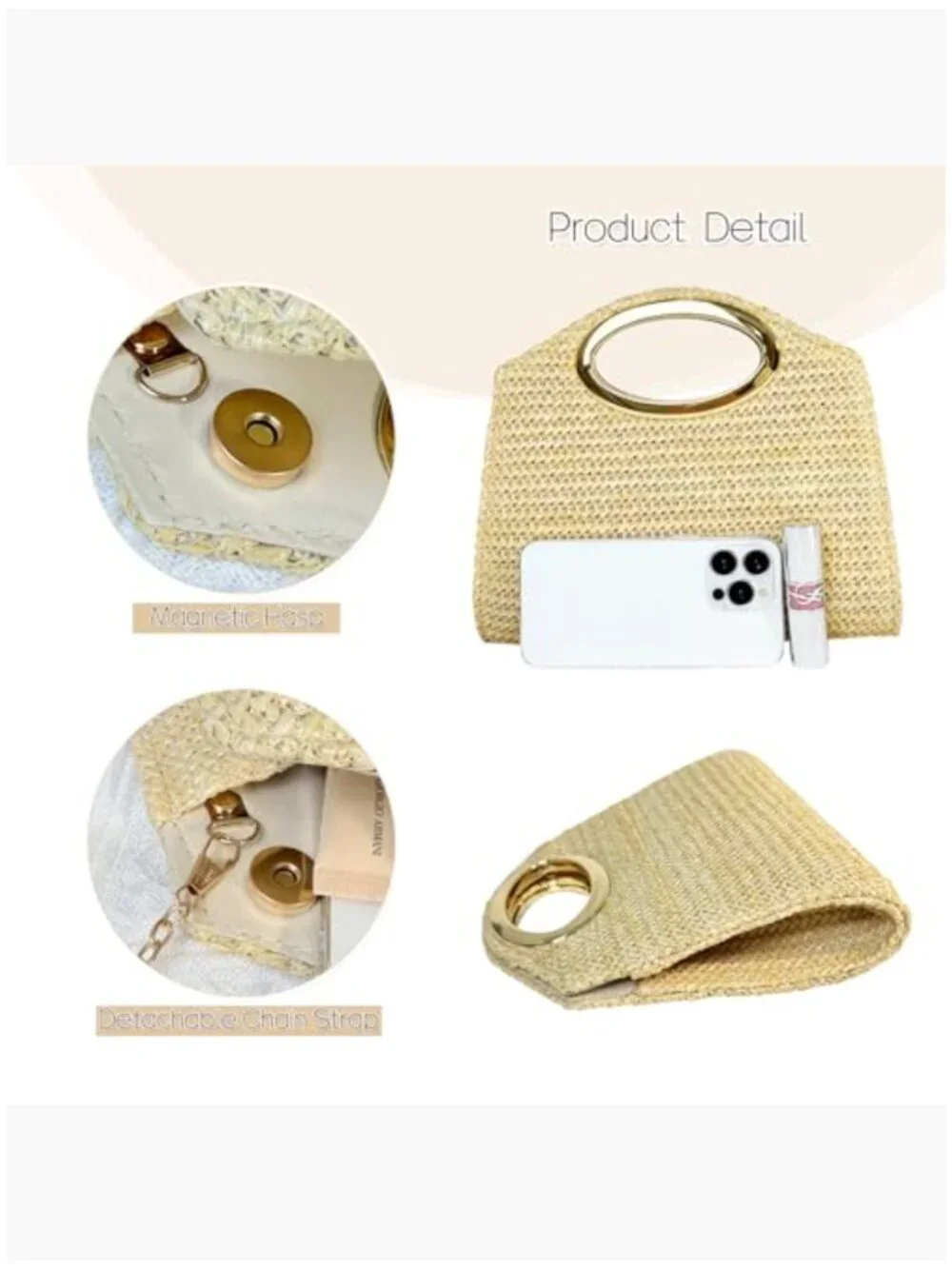 Woven Straw Clutch with Gold Chain, Top Handle Evening Bag - Picture 5 of 7